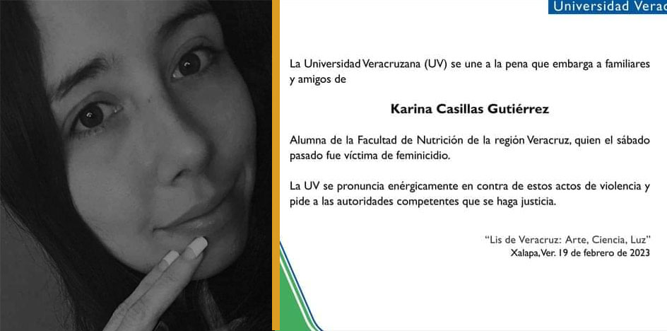 UV lamenta feminicidio de Karina Casillas, estudiante de Nutrición en el Puerto de Veracruz