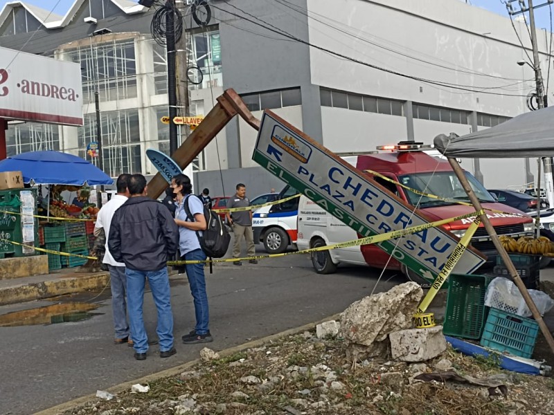 Tren se pasa a traer cables y señal de tránsito en Plaza cristal Xalapa