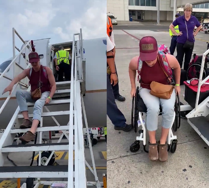 Atleta paralímpica baja las escaleras del avión a rastras por falta de rampa